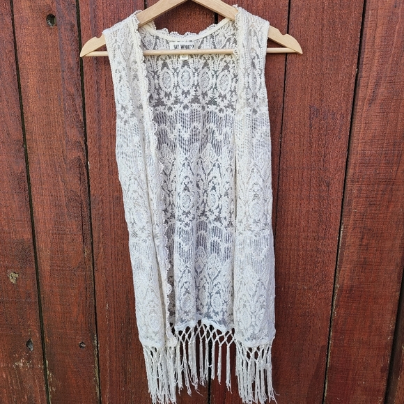 Say What? Tops 55 White Lace Fringe Kimono Vest Poshmark